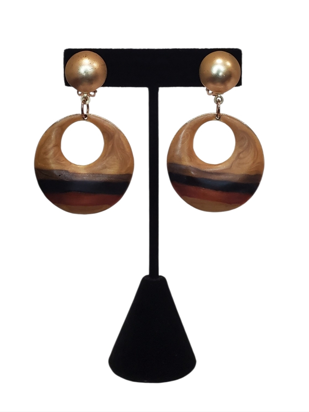 Vintage Estate Gold-Tone Brown Marbled Resin Doorknocker Clip-On Earrings